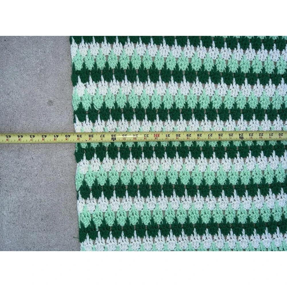 Vintage Handmade Crochet Afghan Throw Blanket Green White Striped Fringe 75x38